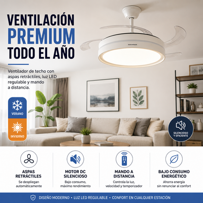 Ventilador de Techo Blanco con Luz LED y Aspas Retráctiles — Motor DC Silencioso, 6 Velocidades y Mando a Distancia