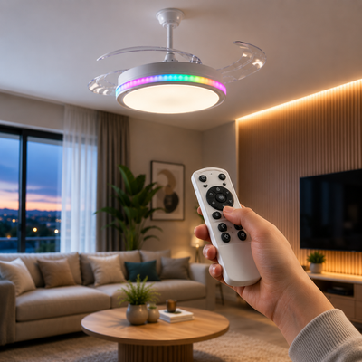 Ventilador de Techo LED RGB Retráctil 70W | Silencioso, 6 Velocidades y Mando a Distancia