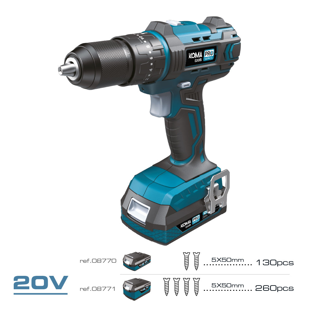 KIT TALADRO PERCUTOR / ATORNILLADOR 20 V CON BATERIA 2.0Ah Y CARGADOR. 20,5 x 22 cm