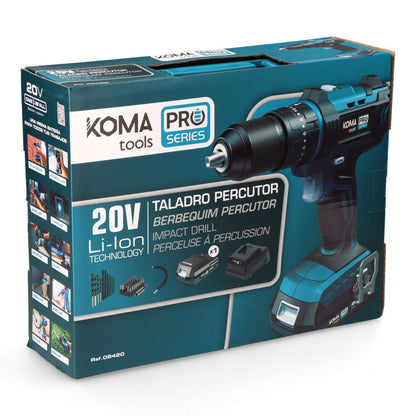KIT TALADRO PERCUTOR / ATORNILLADOR 20 V CON BATERIA 2.0Ah Y CARGADOR. 20,5 x 22 cm