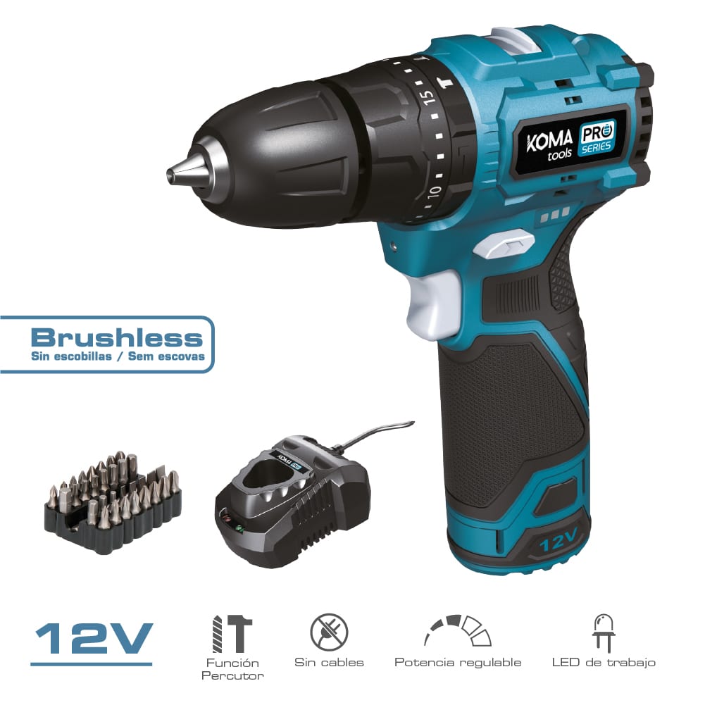 KIT TALADRO PERCUTOR BRUSHLESS 12 V CON ACCESORIOS, BATERIA Y CARGADOR