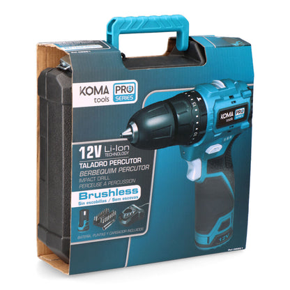 KIT TALADRO PERCUTOR BRUSHLESS 12 V CON ACCESORIOS, BATERIA Y CARGADOR