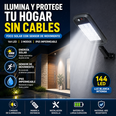 SolarGuard 144™ | Foco Solar Exterior con Sensor de Movimiento, Mando y 3 Modos