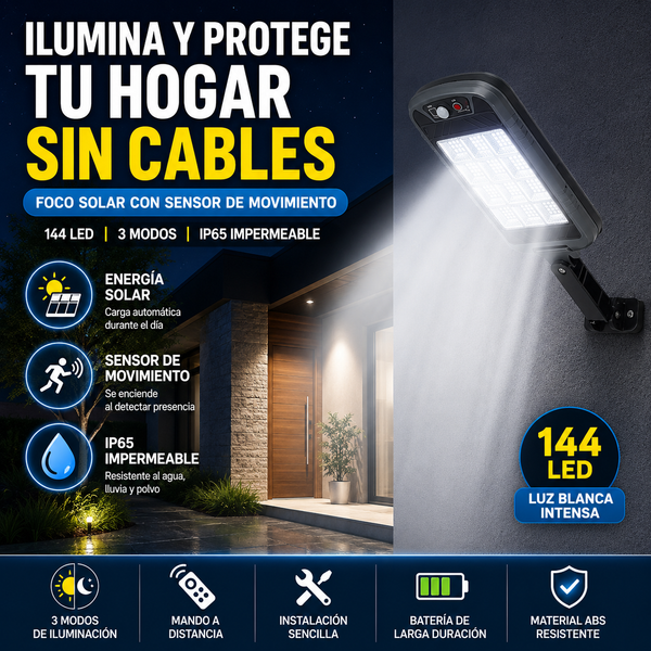 SolarGuard 144™ | Foco Solar Exterior con Sensor de Movimiento, Mando y 3 Modos