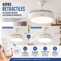 Ventilador de Techo Blanco con Luz LED y Aspas Retráctiles — Motor DC Silencioso, 6 Velocidades y Mando a Distancia