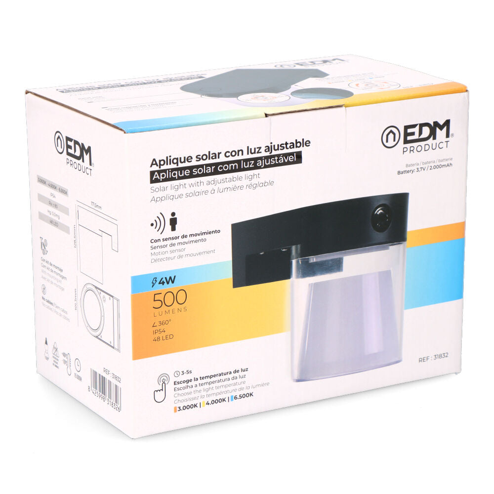 APLIQUE SOLAR CILINDRICO 4 W 500 Lm, 3.000/4.000/6.500 K, 3CCT, CON SENSOR, NEGRO