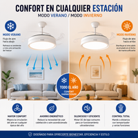 Ventilador de Techo Blanco con Luz LED y Aspas Retráctiles — Motor DC Silencioso, 6 Velocidades y Mando a Distancia