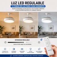 Ventilador de Techo Blanco con Luz LED y Aspas Retráctiles — Motor DC Silencioso, 6 Velocidades y Mando a Distancia