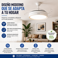 Ventilador de Techo Blanco con Luz LED y Aspas Retráctiles — Motor DC Silencioso, 6 Velocidades y Mando a Distancia