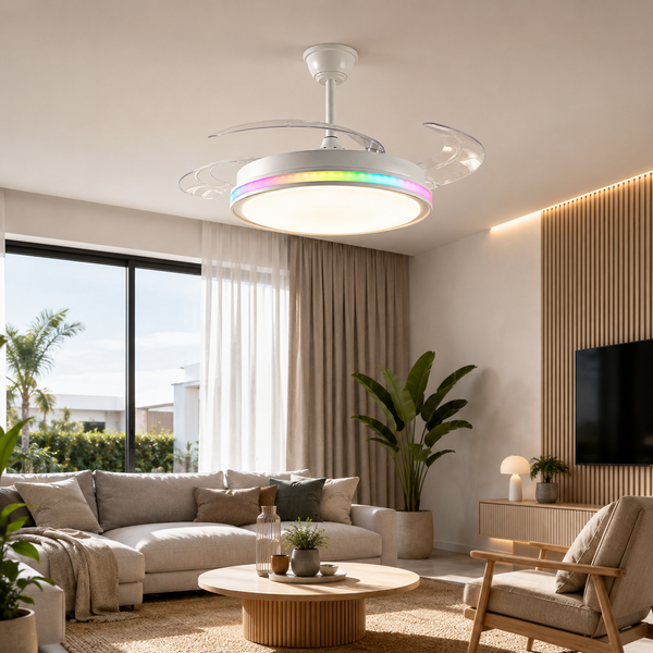 Ventilador de Techo LED RGB Retráctil 70W | Silencioso, 6 Velocidades y Mando a Distancia