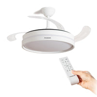 Ventilador de Techo Blanco con Luz LED y Aspas Retráctiles — Motor DC Silencioso, 6 Velocidades y Mando a Distancia